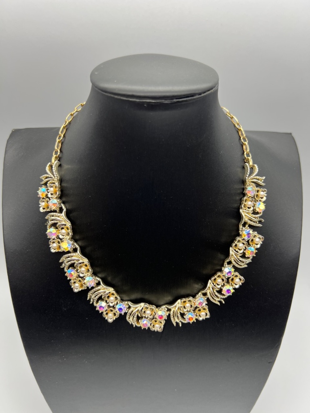 VTG Signed Coro Necklace with Faux Pearls and AB Crystals on Gold Tone